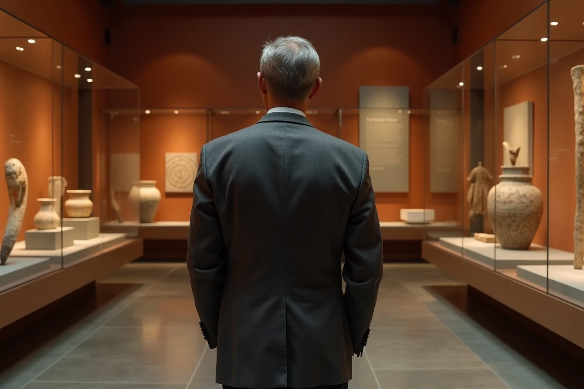 Conservateur de musée examinant des artefacts minoens évoquant le mythe du Labyrinthe et du Minotaure en Crète