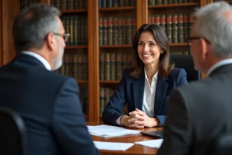 Consultation gratuite chez un notaire : une notaire reçoit un couple pour une permanence juridique dans un cabinet professionnel