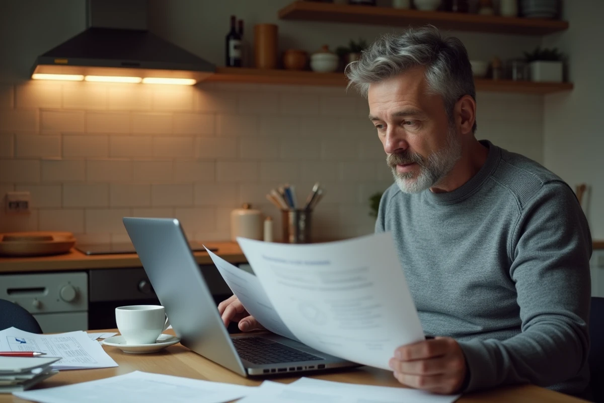 Homme consultant le site infos-discriminations.fr sur un ordinateur portable à la maison pour préparer une plainte pénale