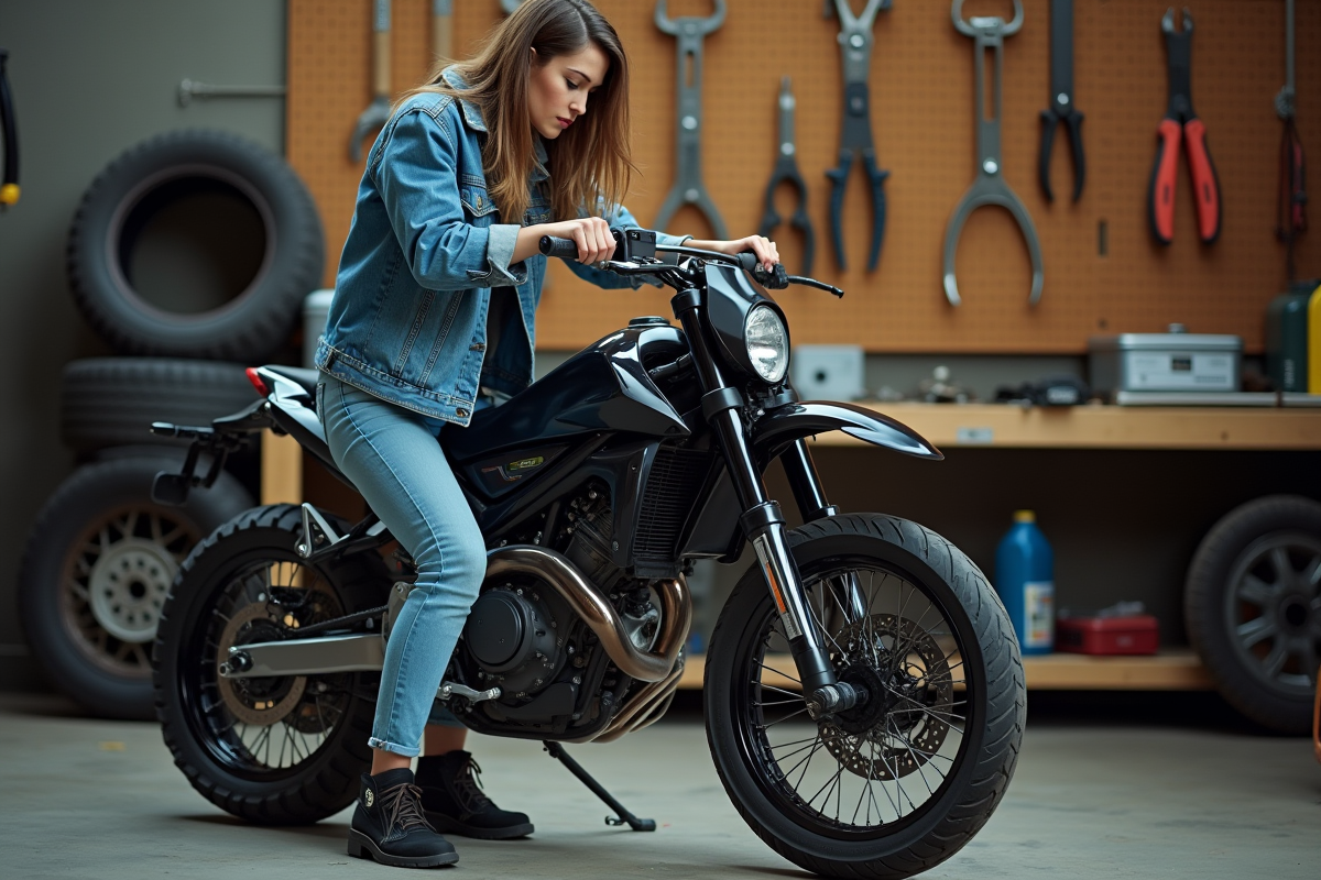 Femme vérifiant les freins de sa supermoto dans un garage
