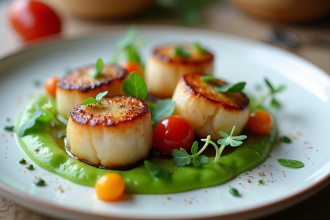 Coquilles Saint-Jacques joliment présentées avec purée de pois
