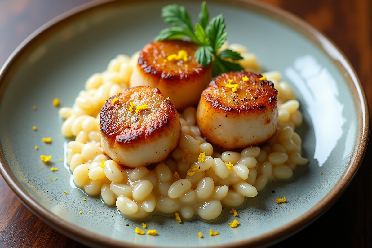 Coquilles Saint-Jacques avec risotto crémeux et zeste de citron