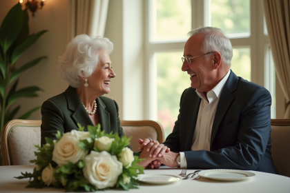 Couple agee souriant main dans la main lors d'un repas