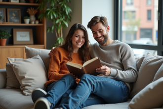 Couple souriant lisant dans un salon chaleureux