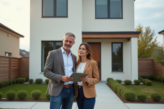 Couple devant une maison neuve en banlieue