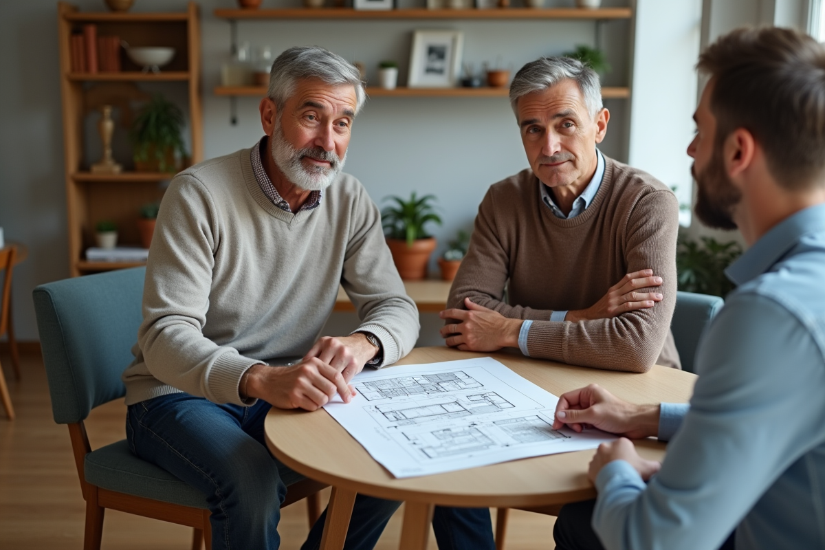 Couple discutant avec un notaire dans un salon moderne