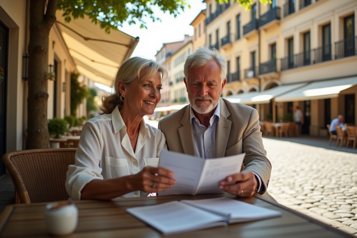 Couple senior élégants découvrant une brochure immobilière en ville
