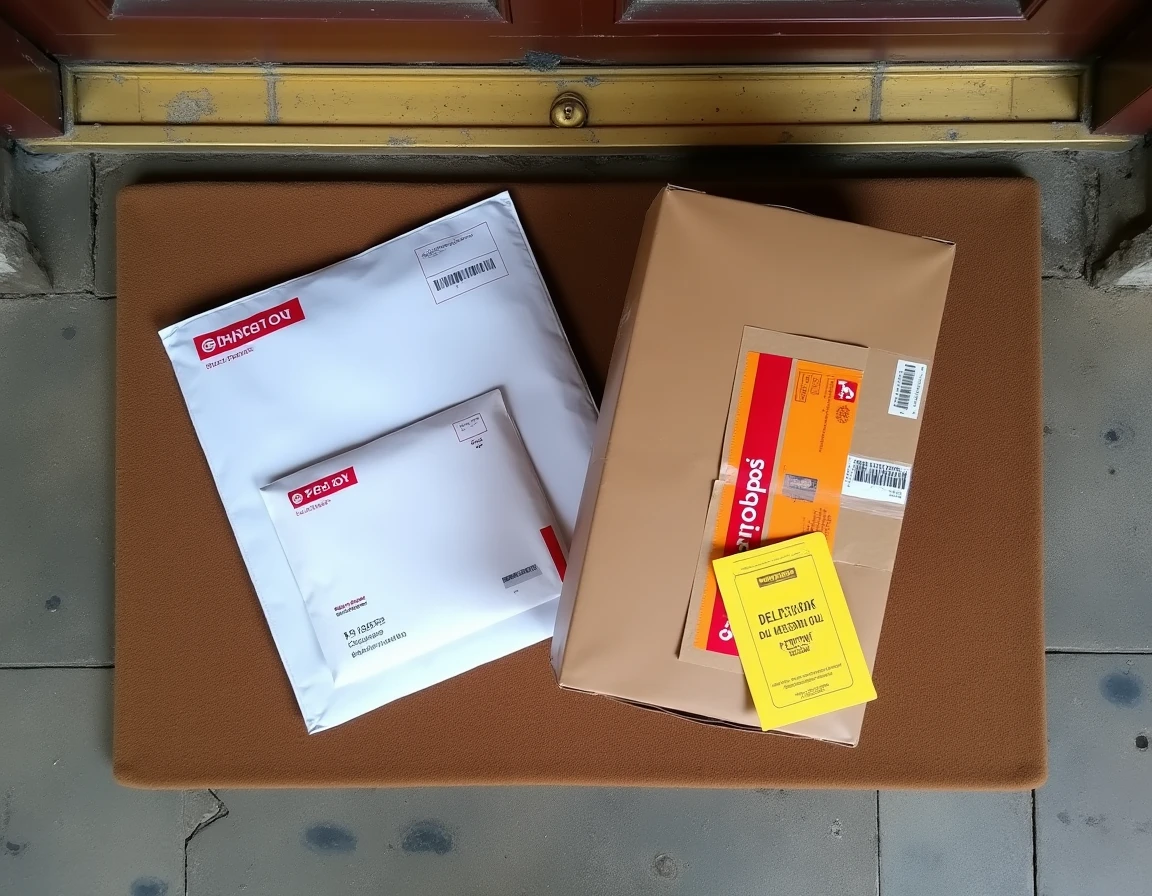 Courrier, colis Colissimo et avis de passage Chronopost déposés devant une porte d'appartement français
