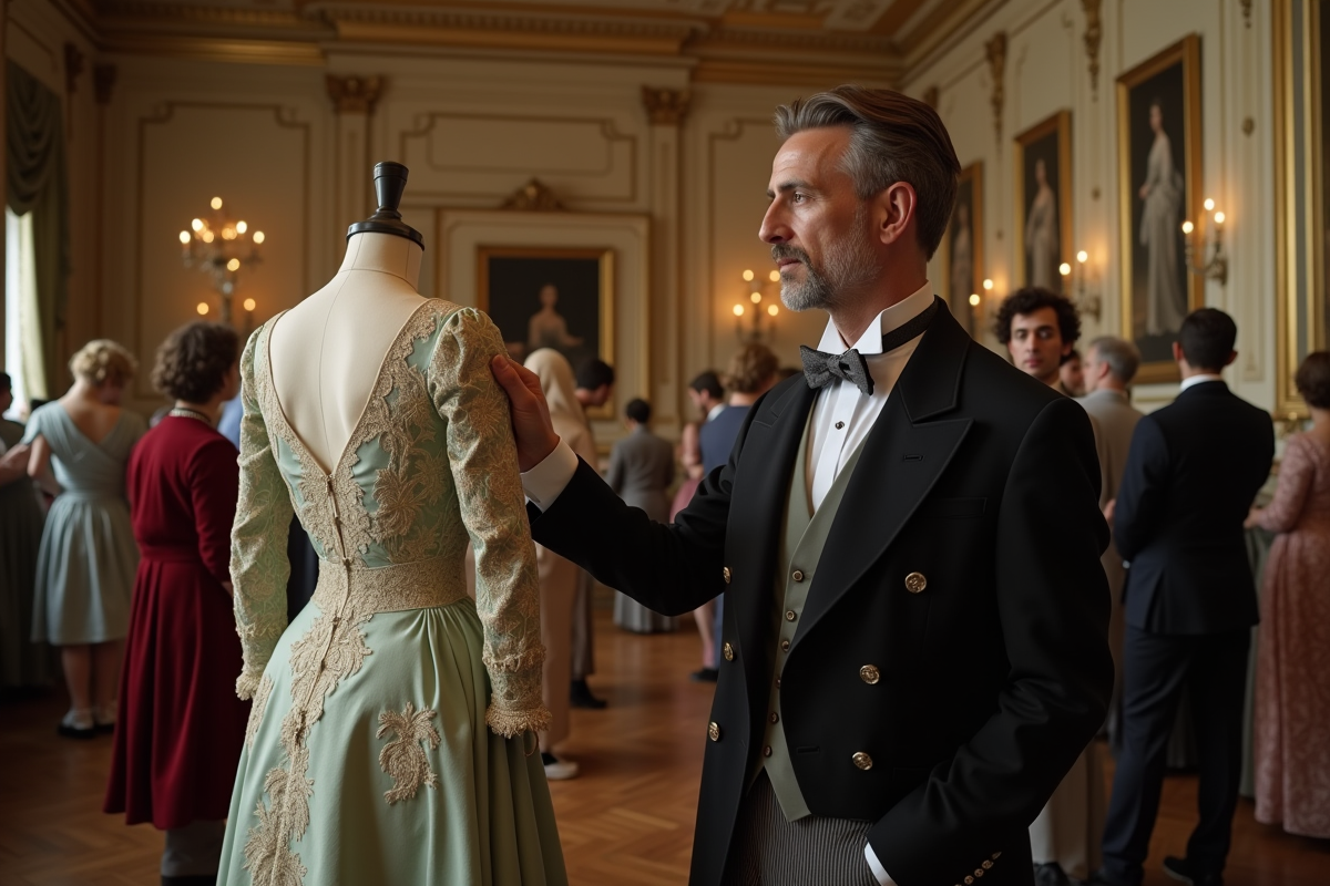 Couturier présentant une robe dans un salon de mode parisien