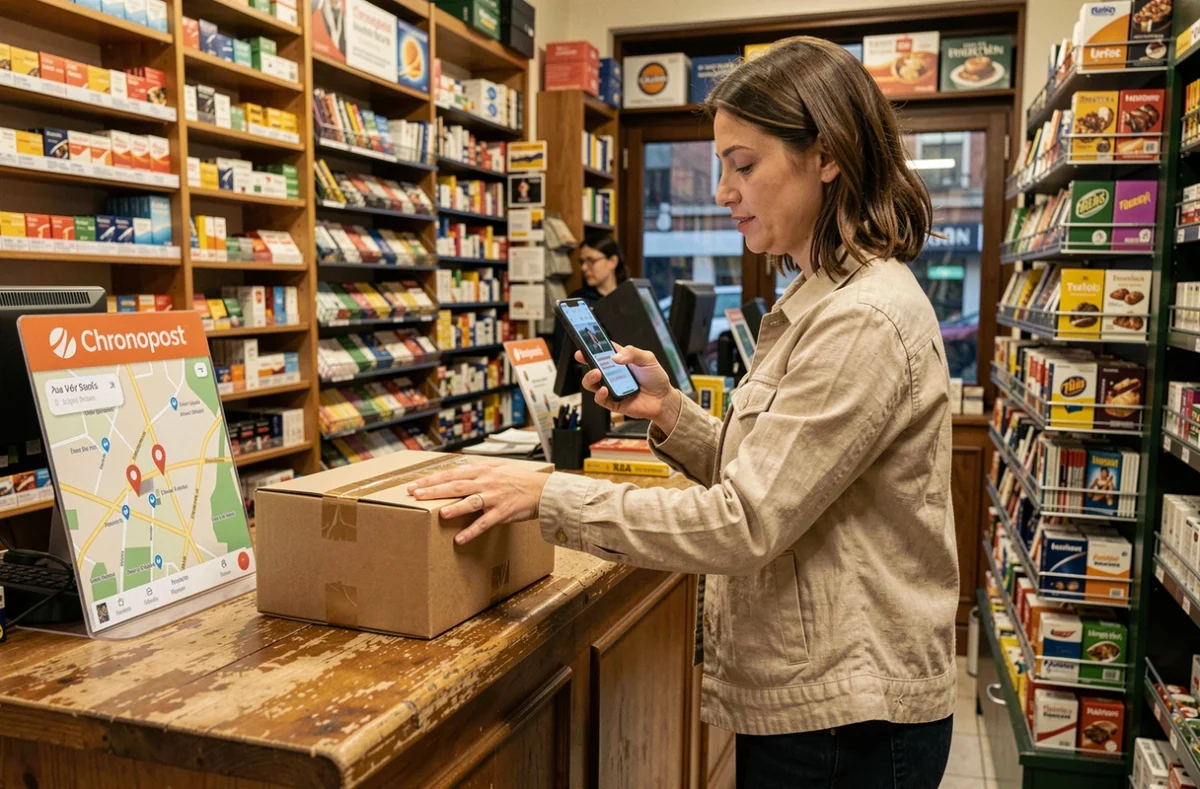 Femme déposant un colis Chronopost au comptoir d'un bureau de tabac partenaire en ville