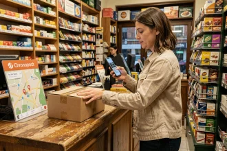 Femme déposant un colis Chronopost au comptoir d'un bureau de tabac partenaire en ville