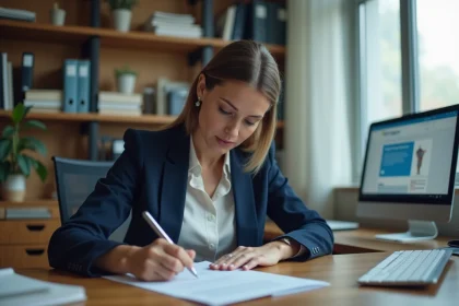 Femme remplissant un formulaire de plainte officielle dans un bureau administratif, illustrant les démarches contre les discriminations