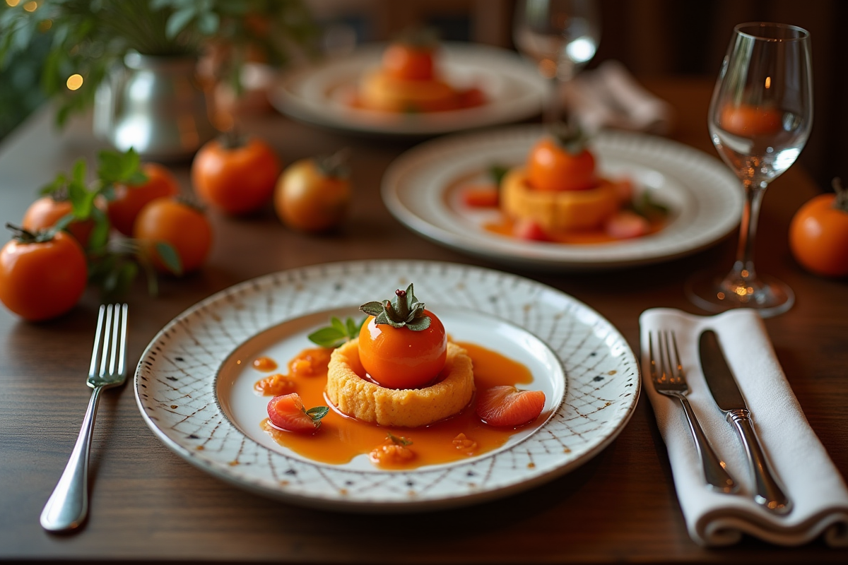 Desserts aux kakis et kirsch sur une table élégante