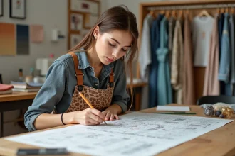 Jeune femme dessinant des motifs textiles dans un atelier créatif