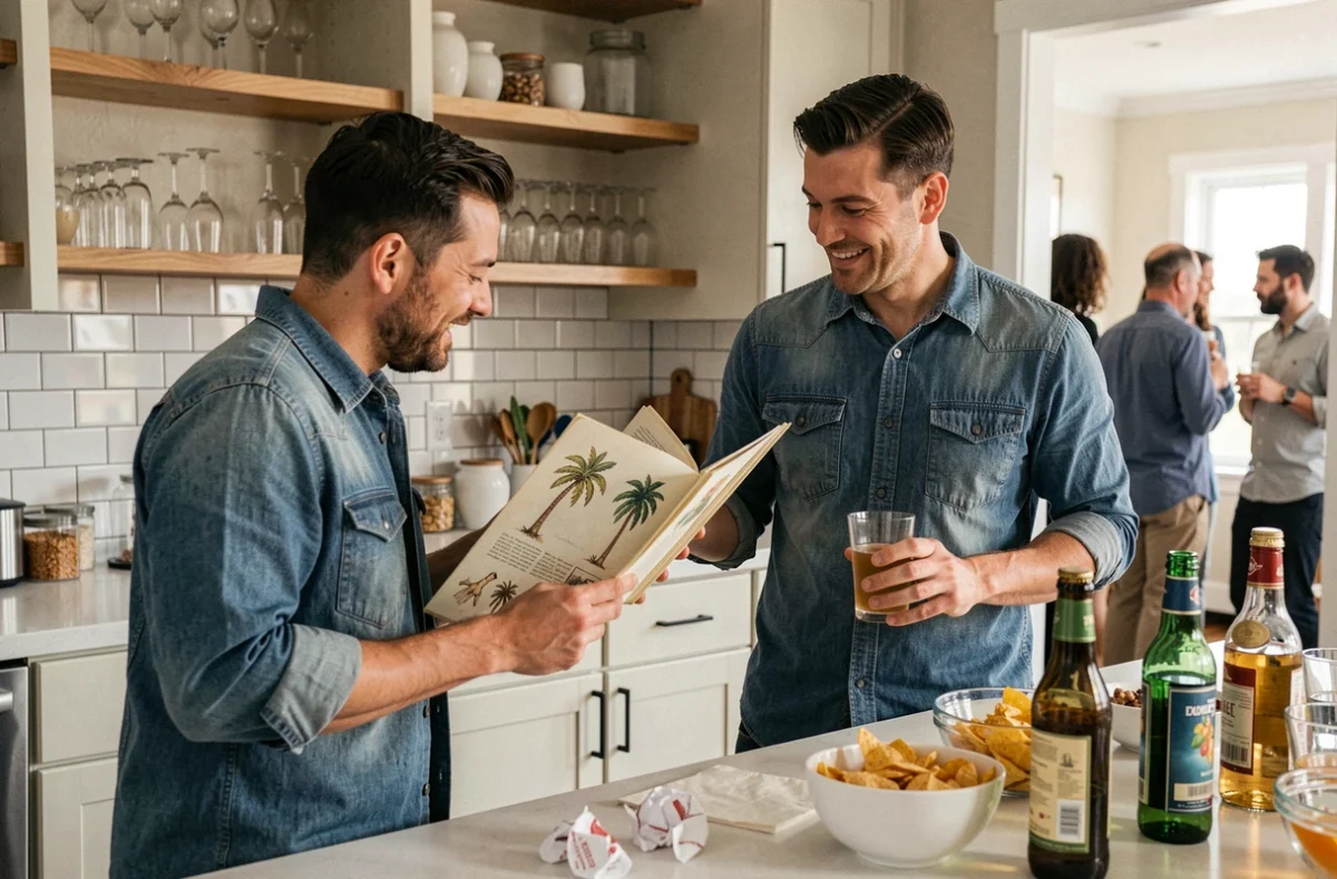 Deux hommes consultant les règles d'un jeu palmier lors d'une soirée dans une cuisine moderne