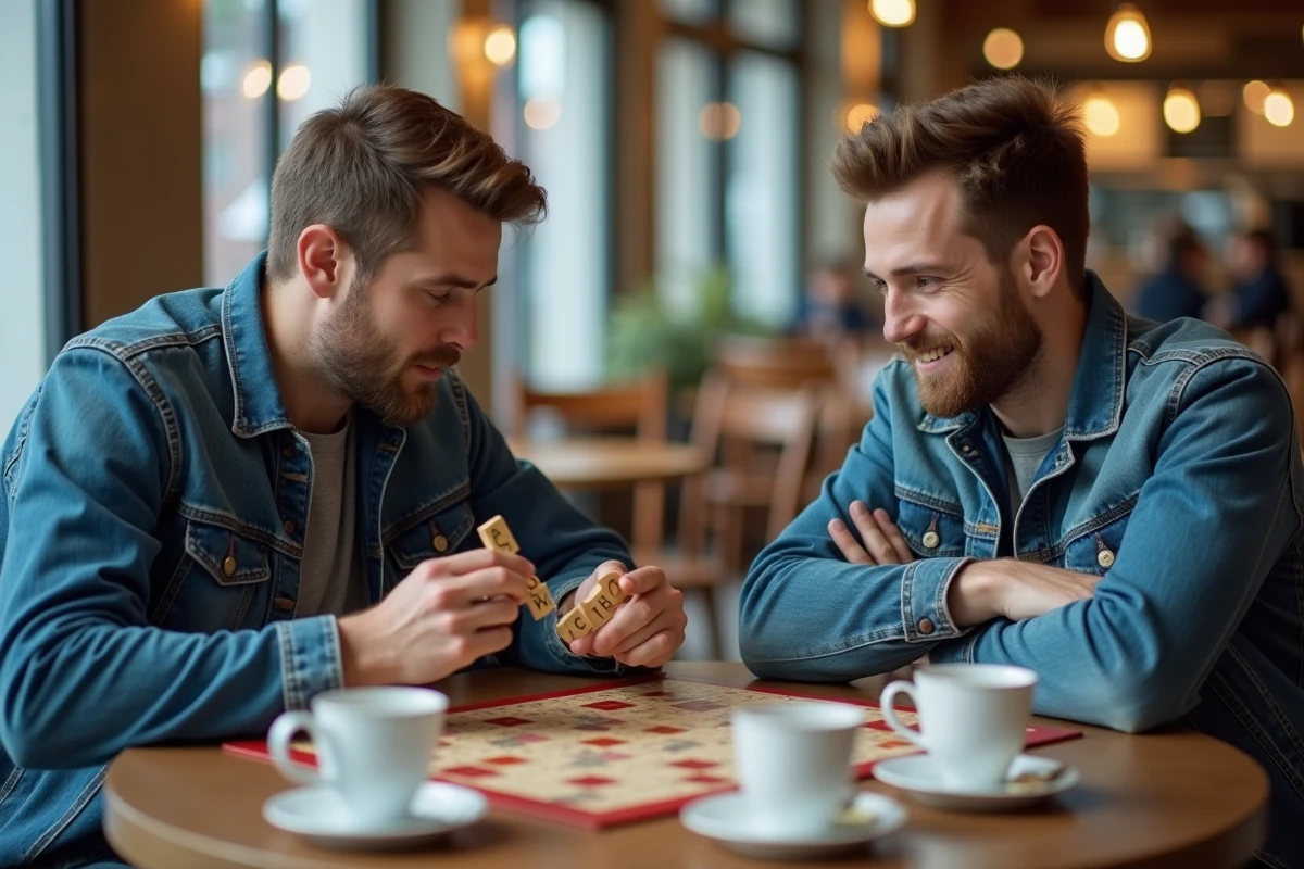 Deux hommes en compétition au Scrabble dans un café avec des lettres posées sur le plateau de jeu