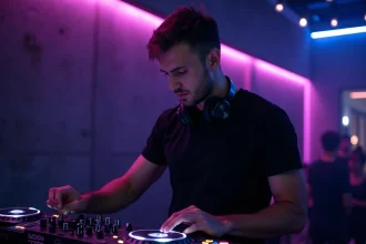 DJ masculin en action derrière une table de mixage dans un club haut de gamme de Lille, ambiance lumière violette et bleue