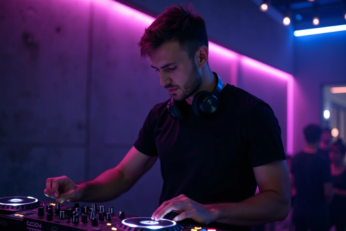 DJ masculin en action derrière une table de mixage dans un club haut de gamme de Lille, ambiance lumière violette et bleue