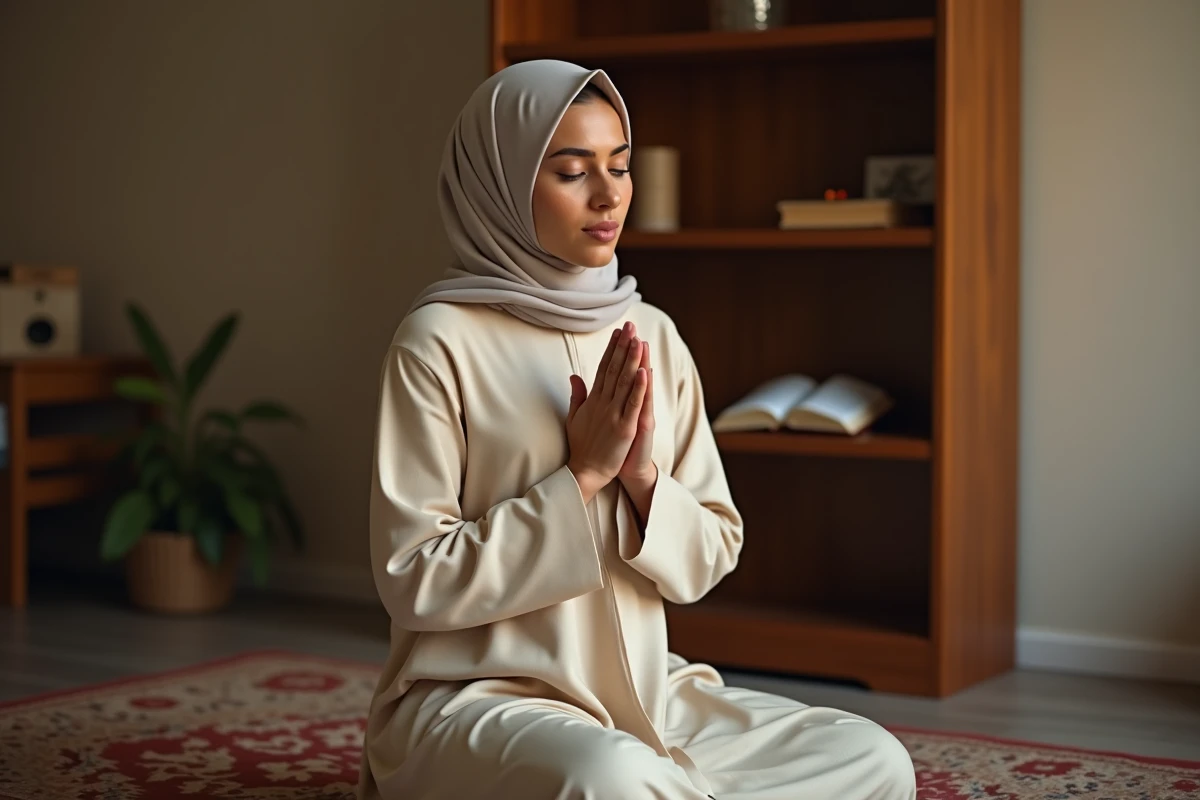 Femme musulmane récitant la douaa istikhara après la prière sur un tapis de prière à la maison