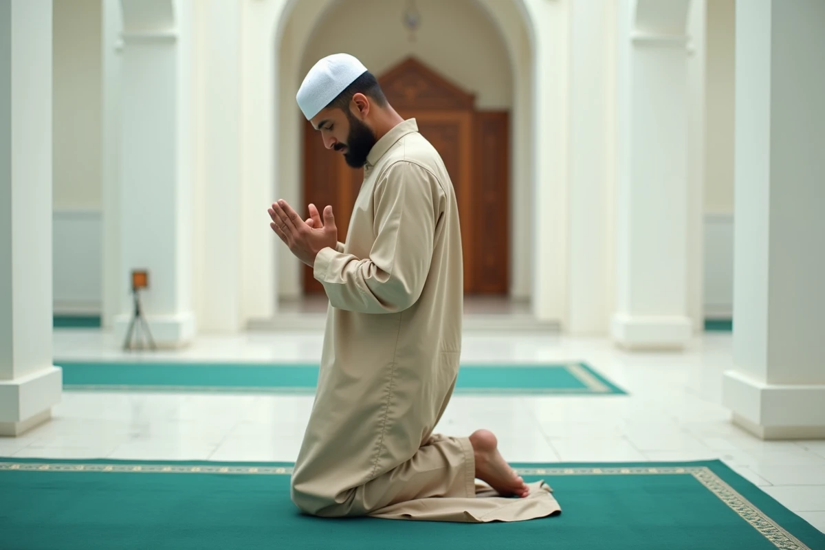 Homme en train de faire la douaa istikhara après la prière dans une mosquée minimaliste