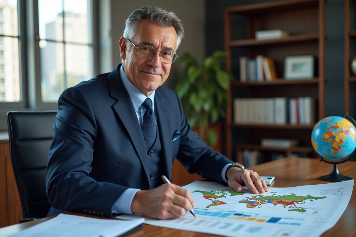 Economiste en costume bleu analysant des rapports dans un bureau