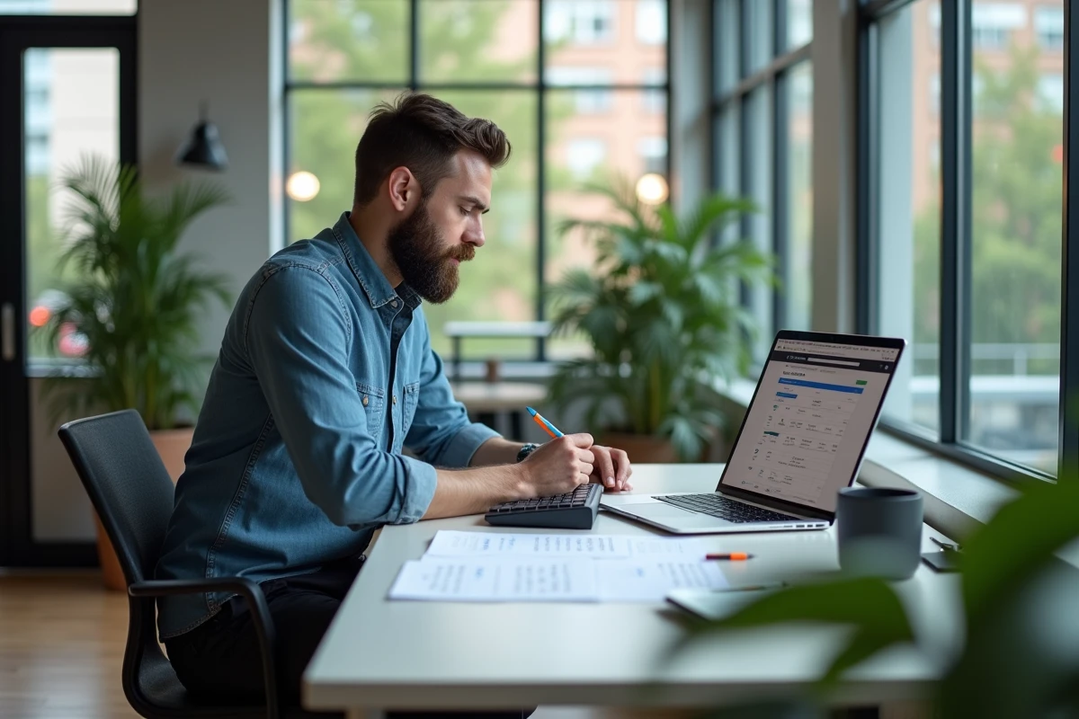 Écrivain masculin analysant la longueur de ses chapitres dans un espace de coworking moderne