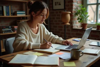 Écrivaine qui utilise un compteur de mots sur son ordinateur portable pour structurer ses chapitres