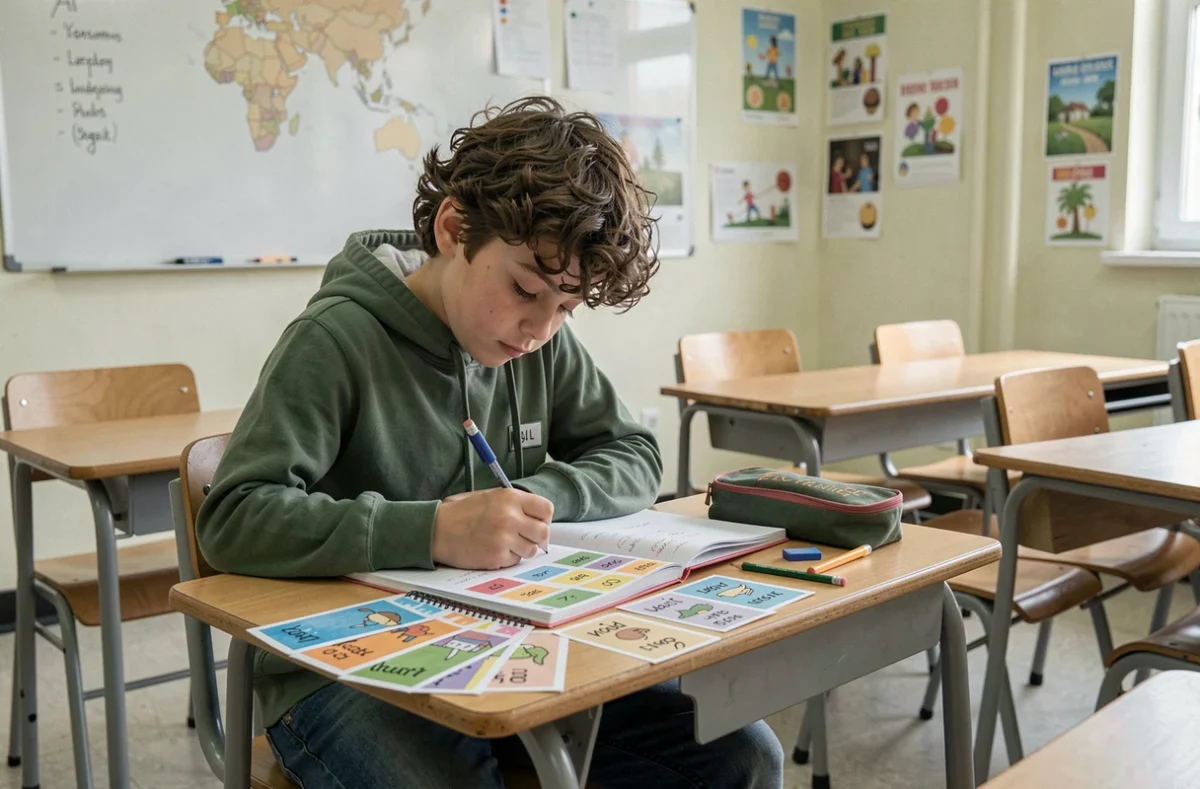 Jeune élève réalisant seul un exercice de jeu sémantique dans son cahier avec des cartes illustrées