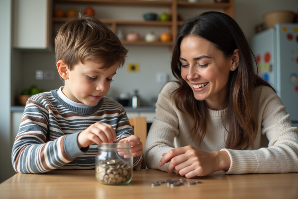 Garçon et mère comptant des pièces dans la cuisine