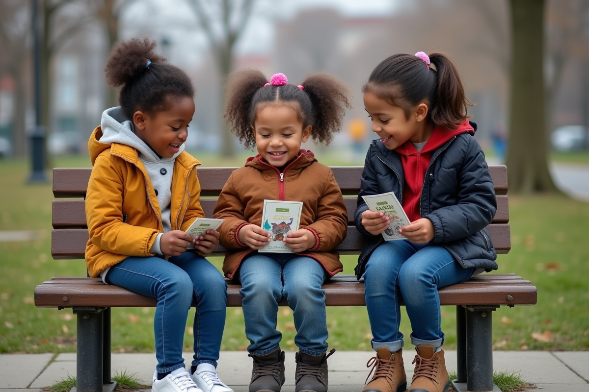 Trois enfants échangeant des cartes et de l