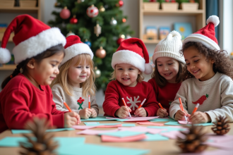 Groupe d'enfants en activités de Noël en classe