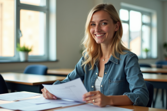 Enseignante souriante avec bons vacances français