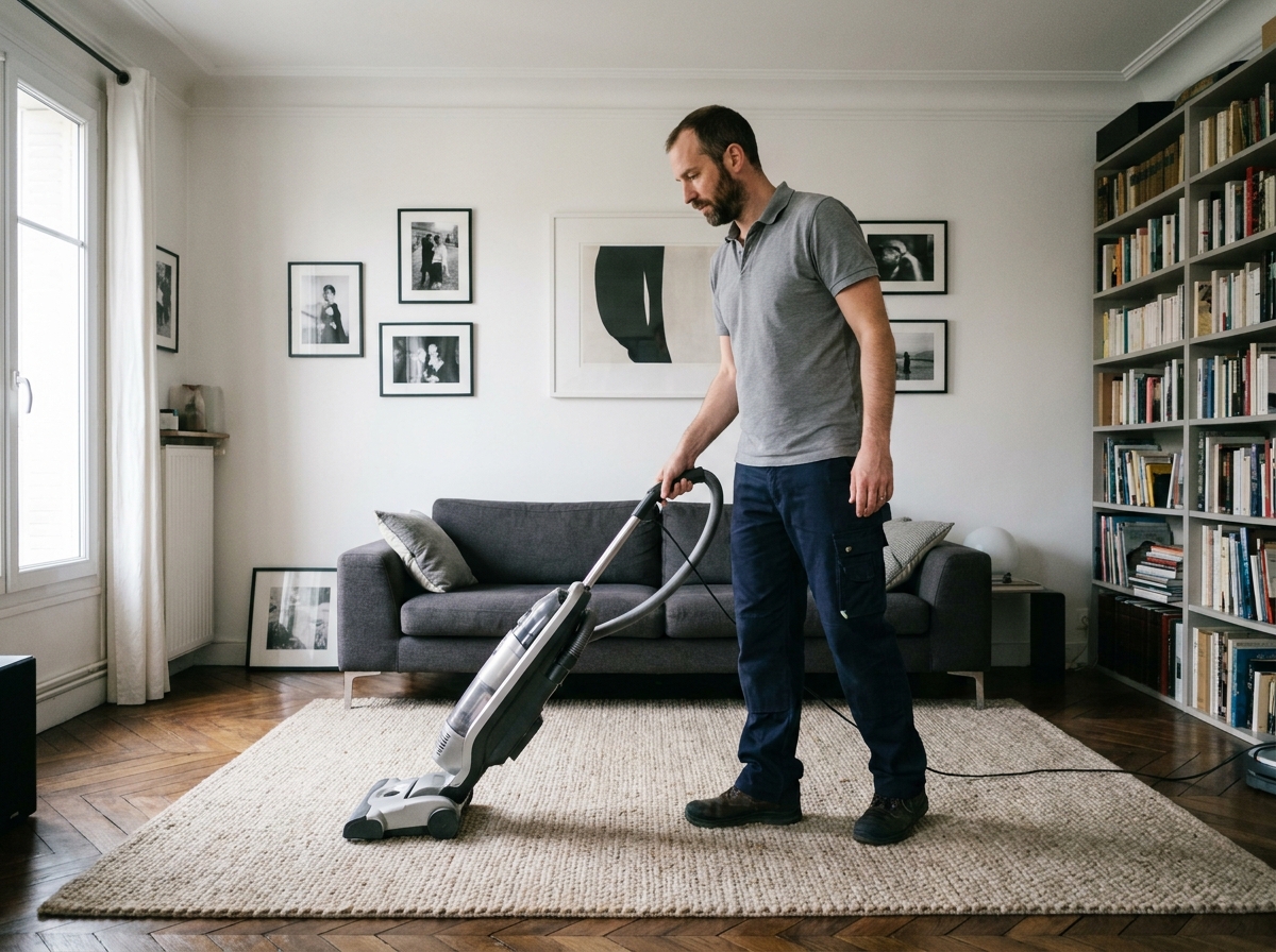 Professionnel de l'entretien ménager passant l'aspirateur dans le salon d'un appartement à Puteaux avec Centre Services
