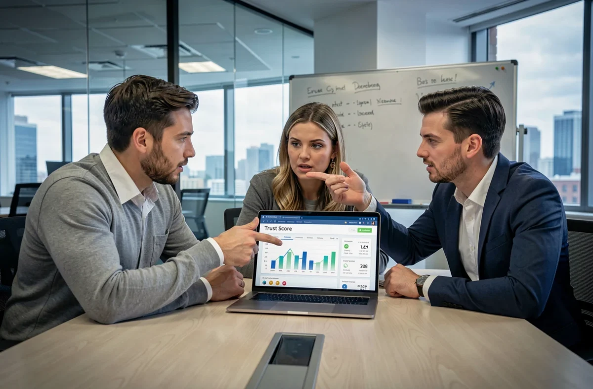 Équipe de professionnels évaluant la fiabilité d'une plateforme en ligne en réunion de bureau