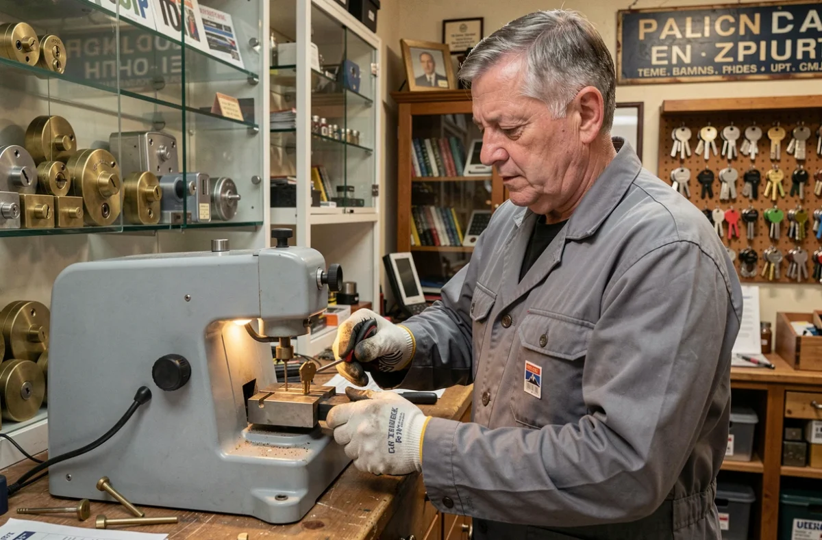 Artisan Établissement Baudin découpant une clé sur une machine dans sa boutique de serrurerie