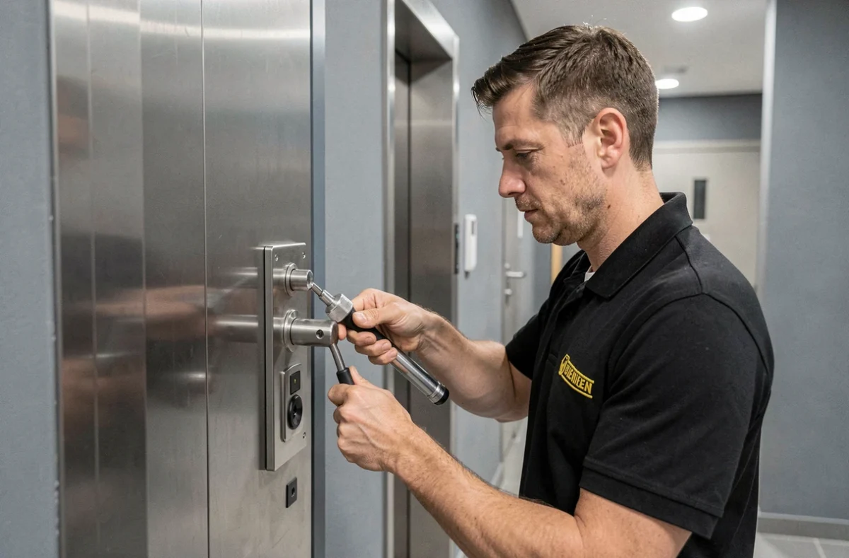 Technicien Euro Sécurité 2000 posant une plaque de sécurité renforcée sur une porte d'appartement