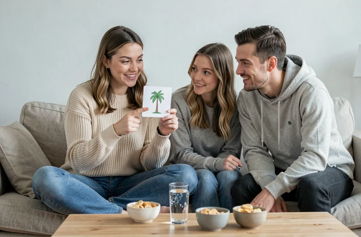 Jeune femme expliquant une carte de jeu palmier à ses amis sur un canapé lors d'une soirée décontractée