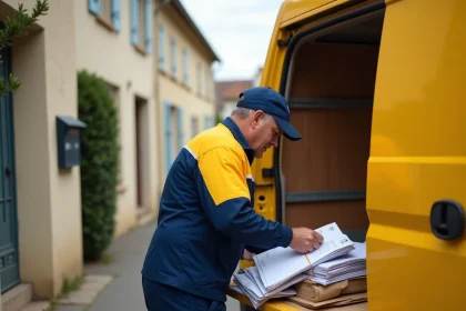 Facteur en uniforme La Poste triant des lettres et colis Colissimo dans son camion jaune dans une rue résidentielle française