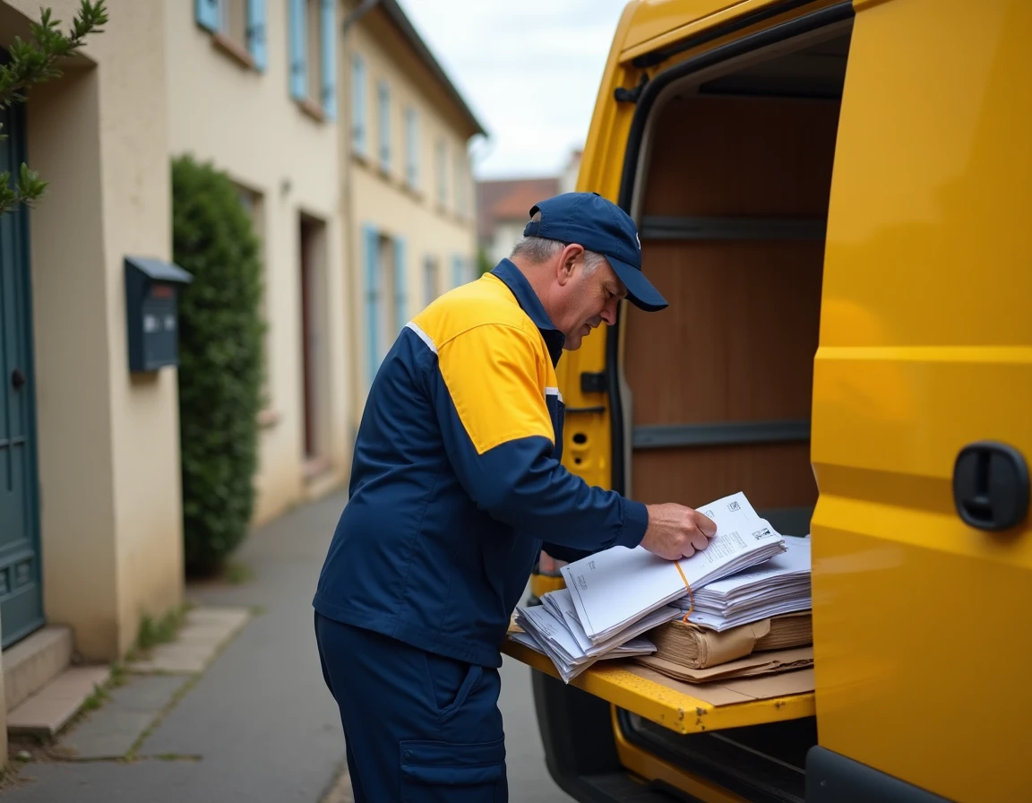 Facteur en uniforme La Poste triant des lettres et colis Colissimo dans son camion jaune dans une rue résidentielle française