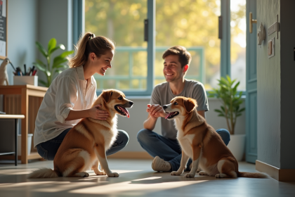 Famille souriante rencontrant un centre d'adoption animal