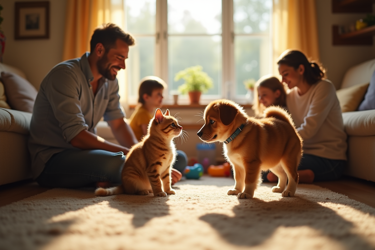 Famille accueillant un chat rescue dans un salon ensoleille