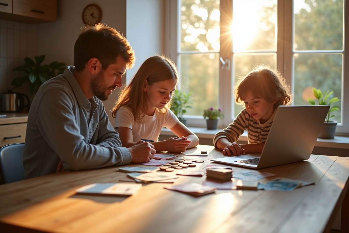 Famille française discutant finances à la cuisine