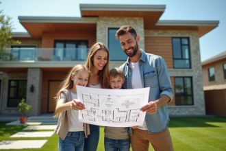 Famille souriante devant une maison moderne en extérieur