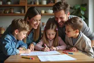 Famille construisant un tableau des tâches à la maison