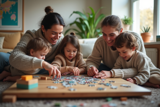 Famille de quatre jouant au puzzle dans un salon chaleureux