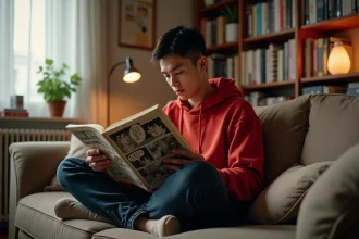 Jeune homme lisant un scan de manga One Piece dans son salon, plongé dans sa lecture sur le canapé entouré de volumes manga