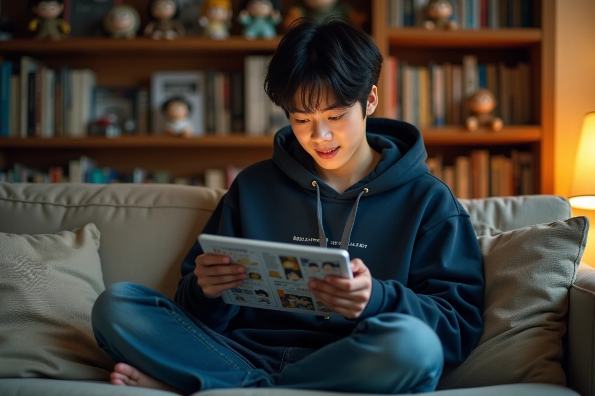 Jeune fan de manga lisant le scan One Piece sur une tablette dans son salon
