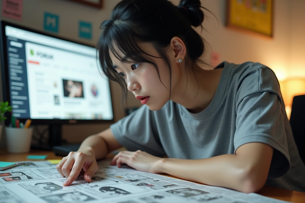 Femme fan d'anime parcourant les pages imprimées du scan One Piece sur son bureau