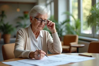 Femme réfléchie dans une résidence pour seniors