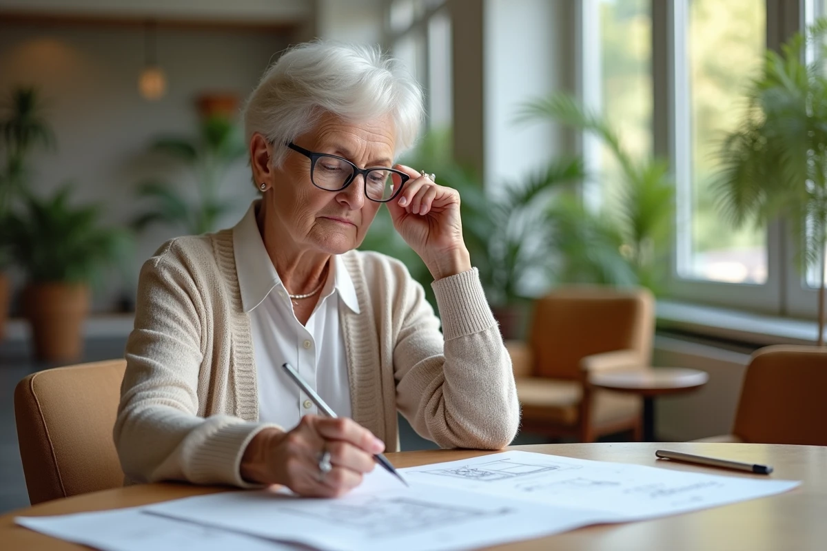 Femme réfléchie dans une résidence pour seniors